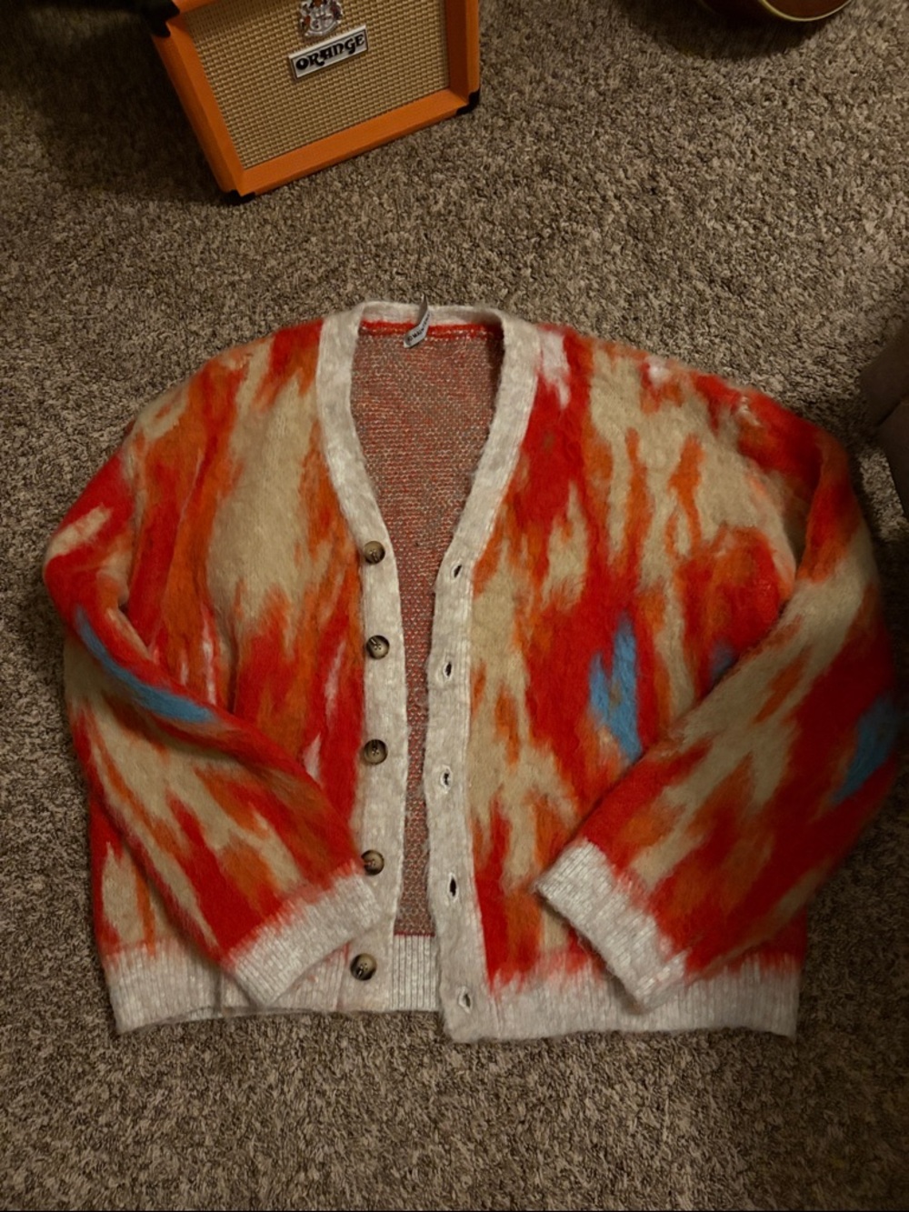 No Maintenance Men's Flame-Pattern Mohair Blend Cardigan in Red and Cream
